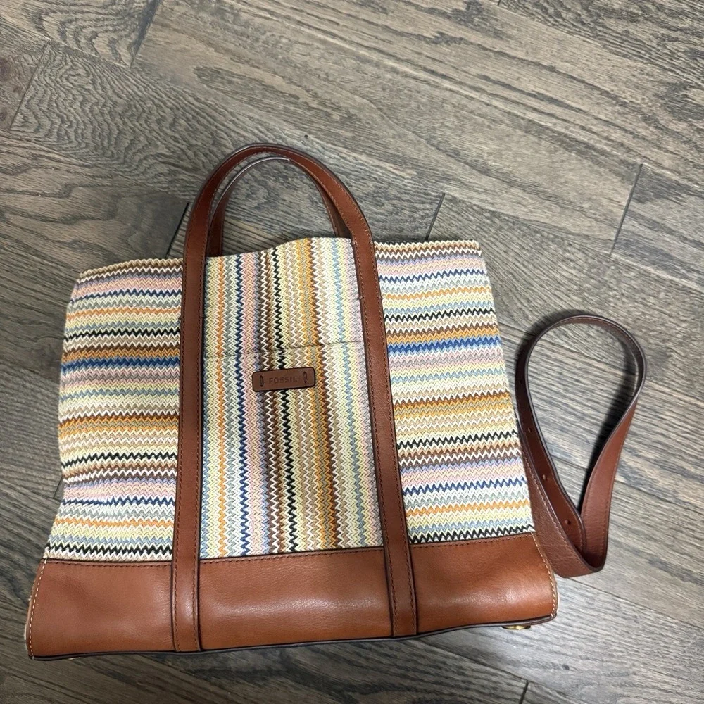 Fossil Carmen Tote Southwest Stripe Knit Leather Handles Boho Satchel Bag - Picture 2 of 6